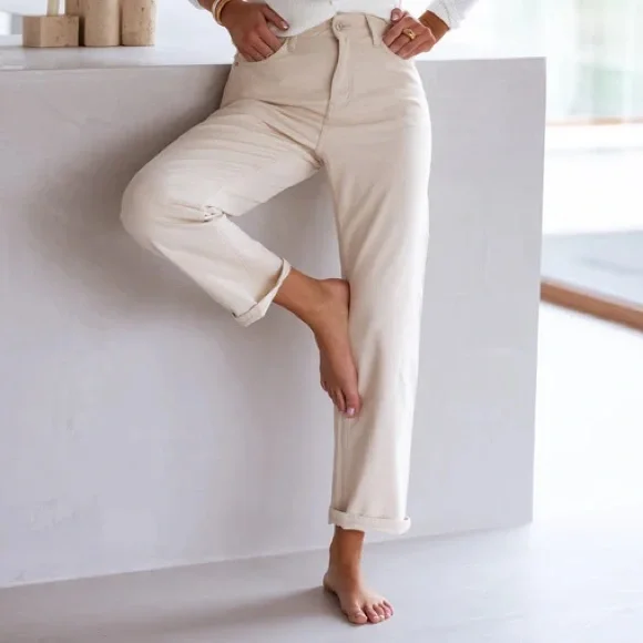 Ecru / Off White High Waisted Straight Leg Jeans - Picture 3 of 4